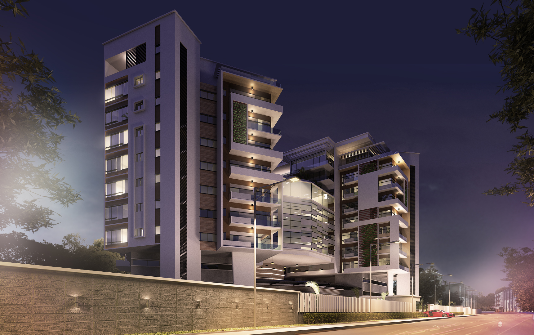 Orange Cove architectural rendering at dusk with illuminated residential towers