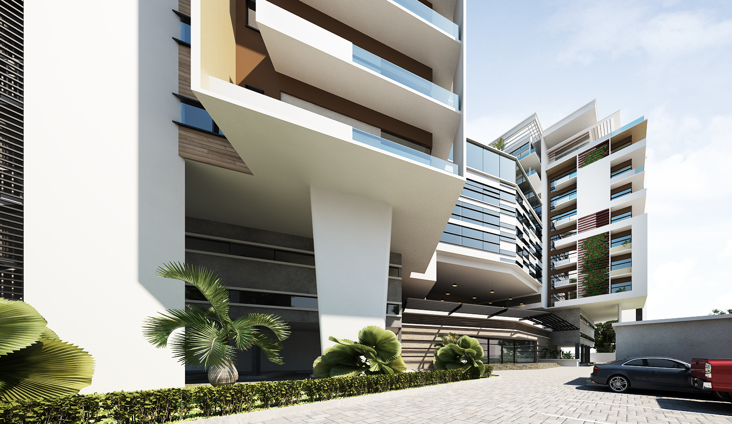 Benson Close architectural rendering with balconies and landscaped entrance
