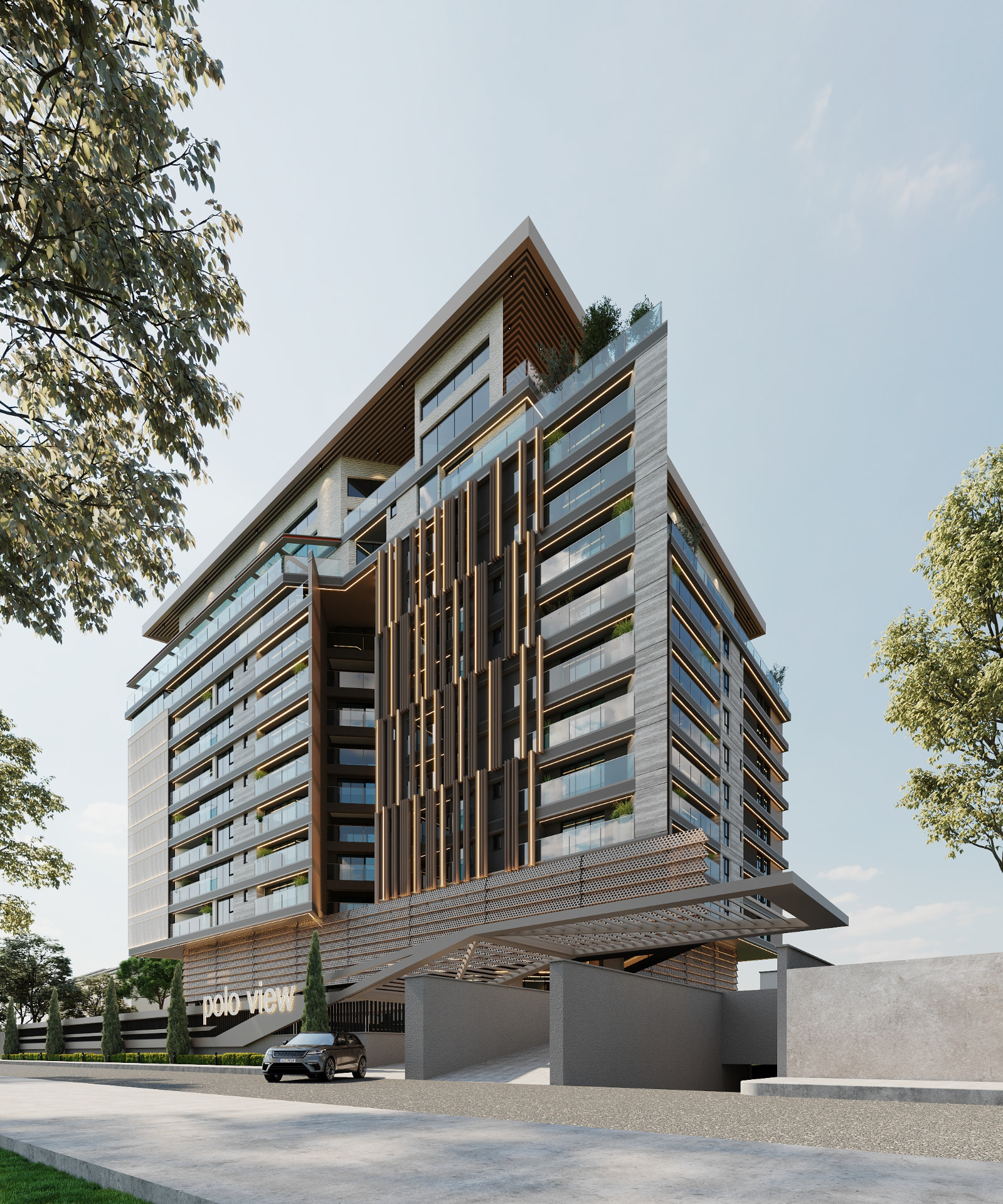 Polo View Place architectural rendering showing its entrance and layered facade