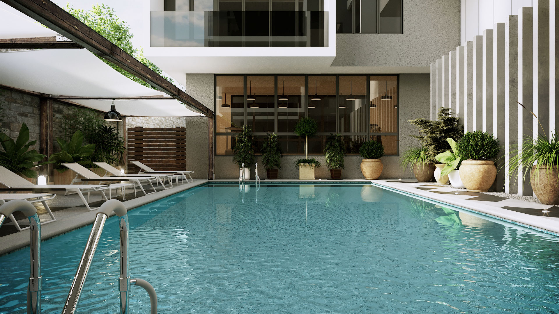 Polo View — pool courtyard with sun loungers and a shaded swimming pool