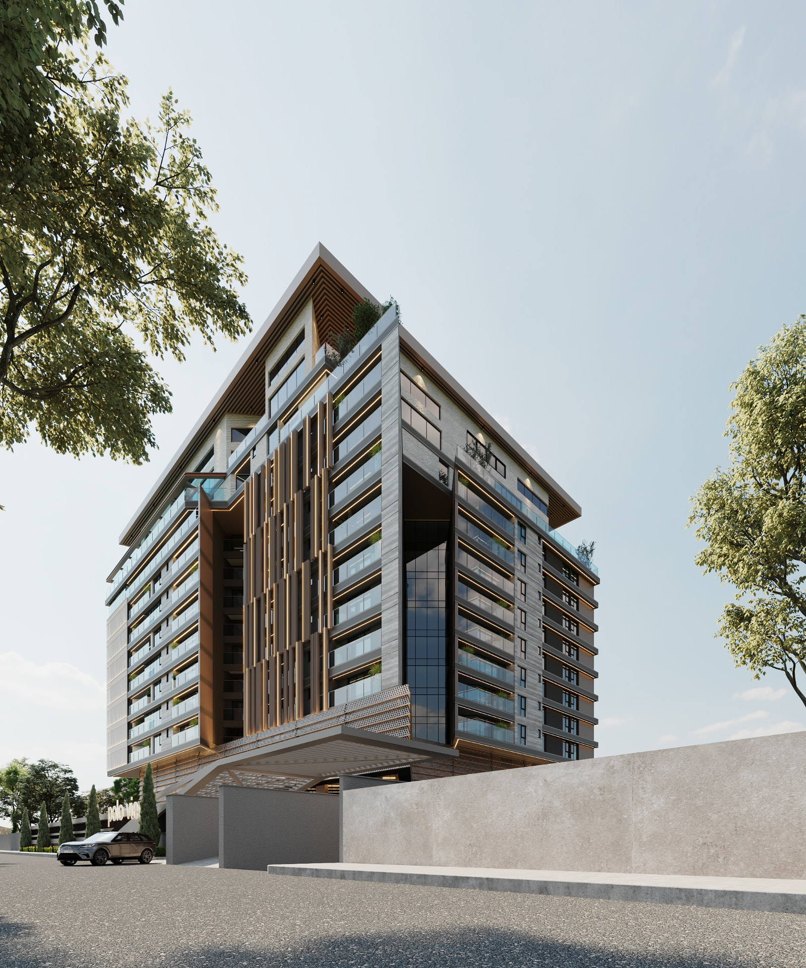 Orange Residence architectural rendering with a glazed corner and landscaped street frontage